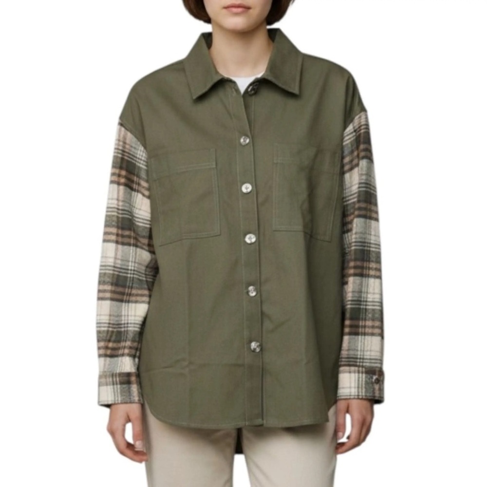 Thread & Supply Khaki Plaid Sleeve Utility Jacket